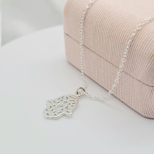 .925 Sterling Silver Hamsa Hand Pendant Necklace