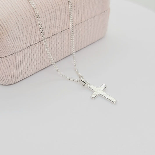 .925 Sterling Silver Petite Hammered Cross Pendant Layering Necklace