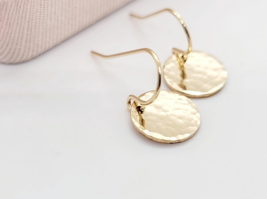 14K Gold Filled Hammered Disc Dangle Earrings