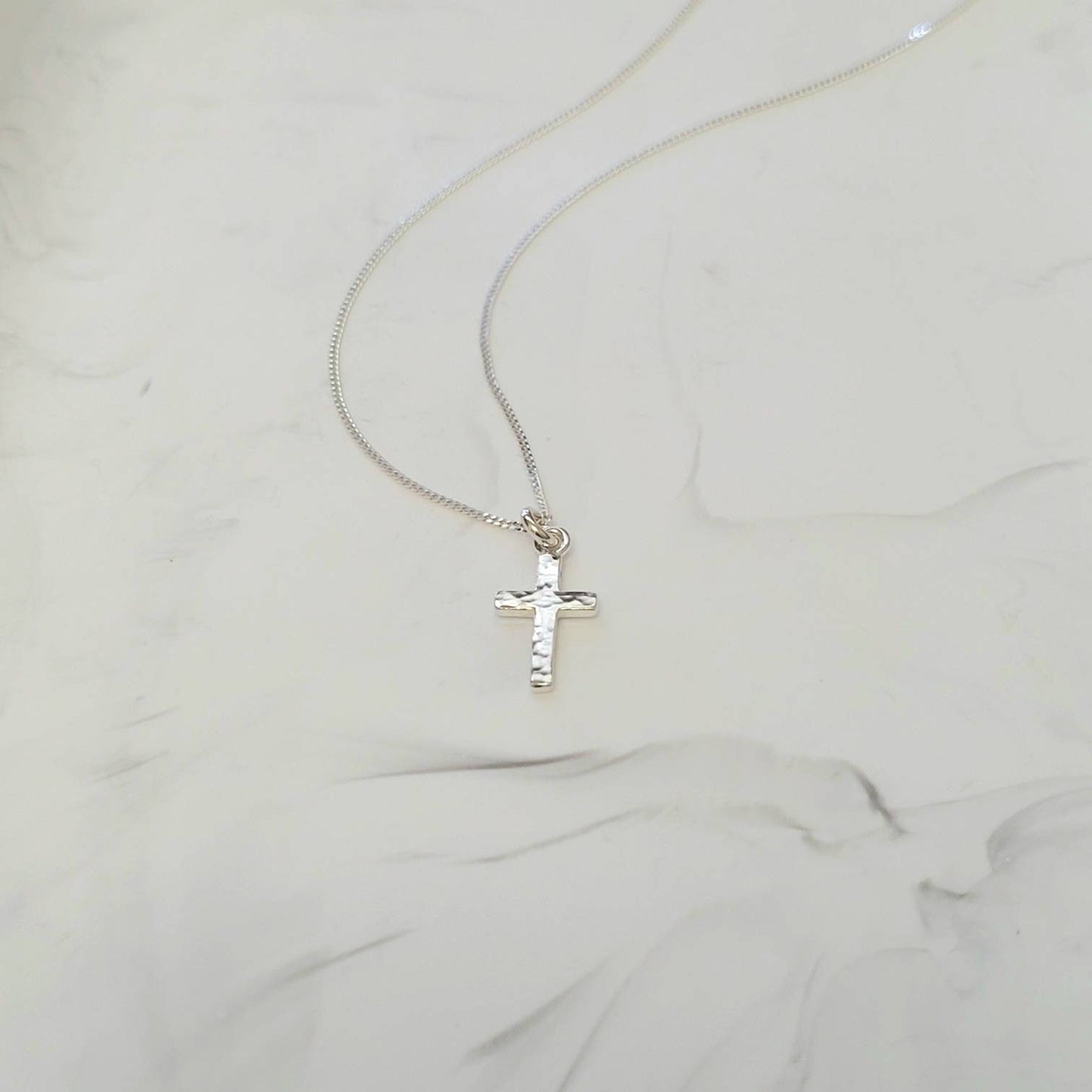 .925 Sterling Silver Petite Hammered Cross Pendant Layering Necklace