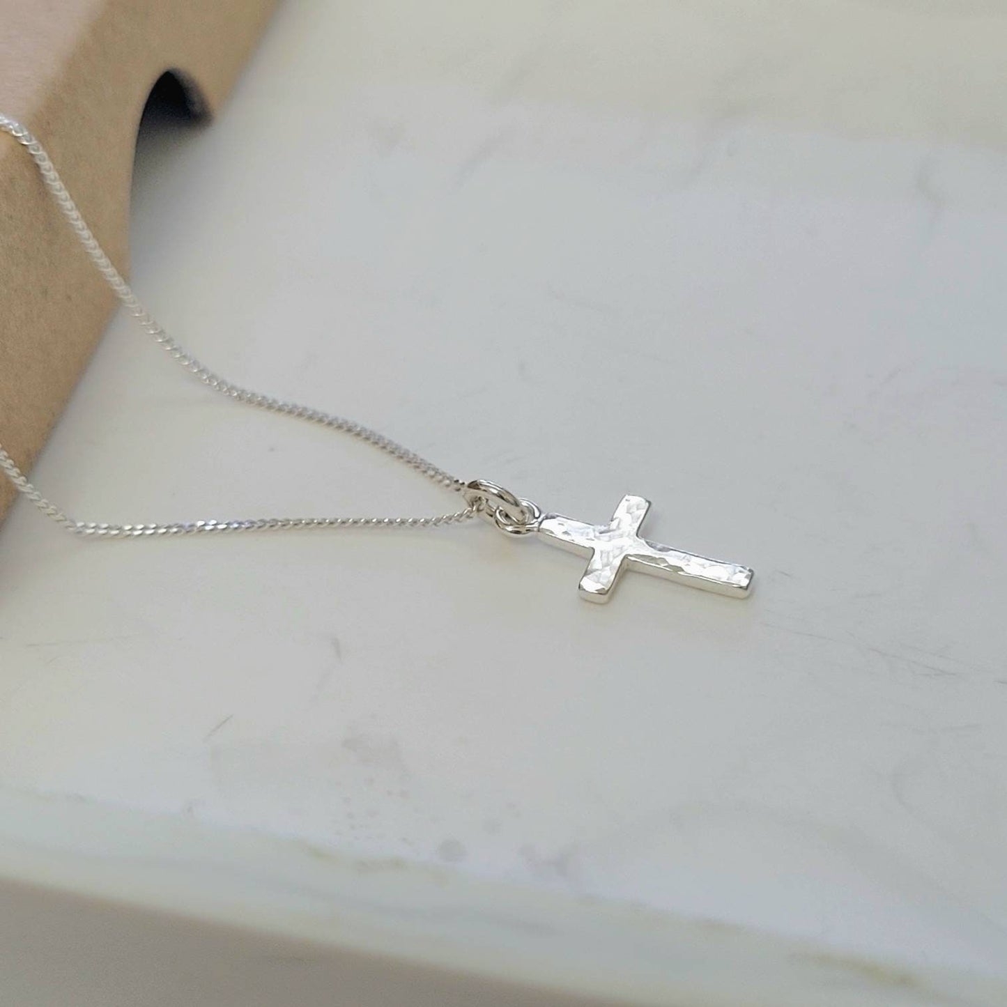 .925 Sterling Silver Petite Hammered Cross Pendant Layering Necklace