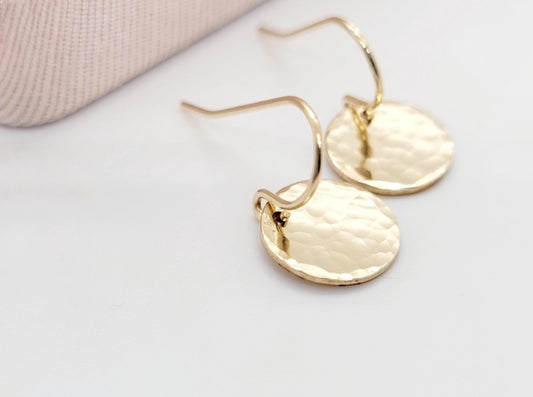 14K Gold Filled Hammered Disc Dangle Earrings