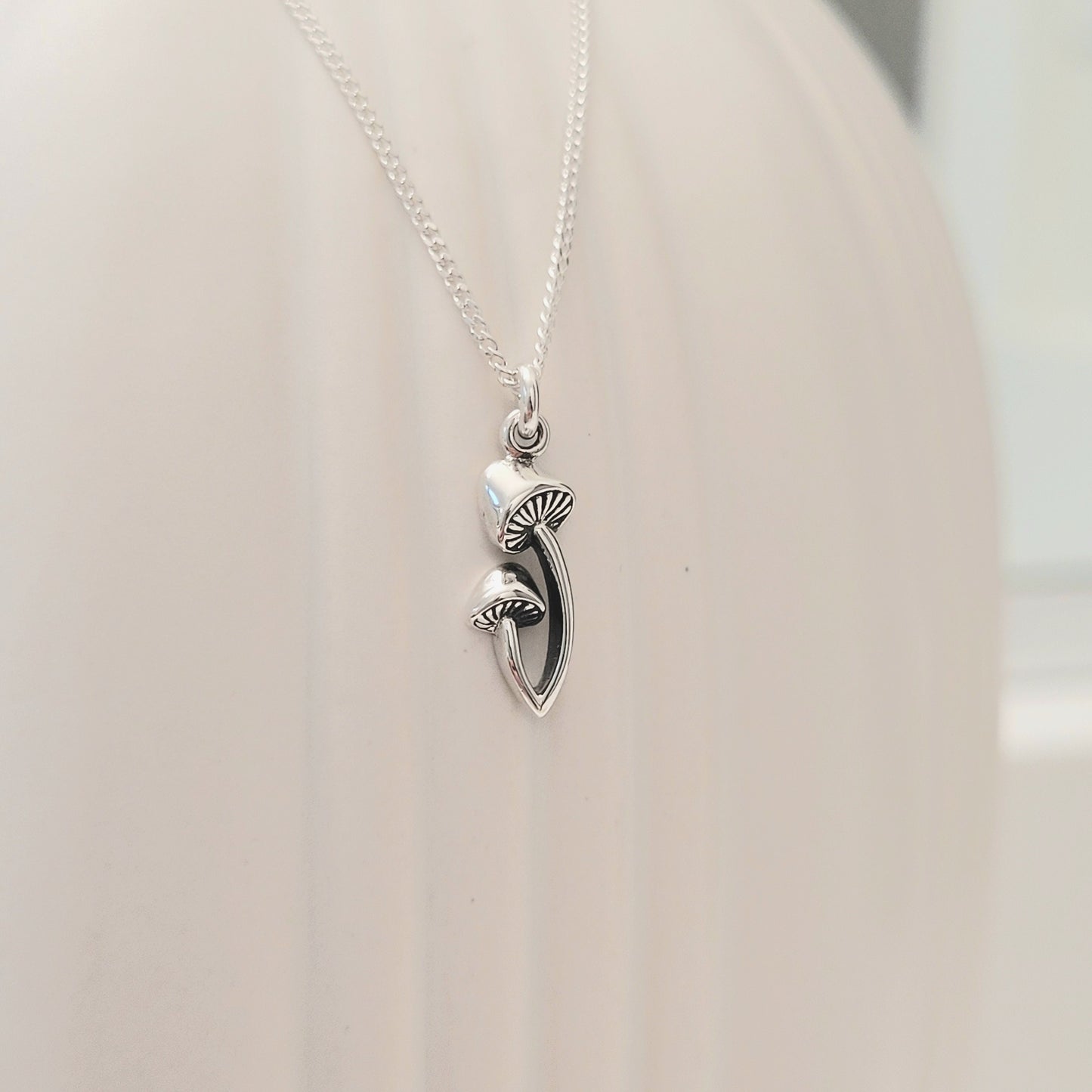 925 Sterling Silver DAINTY Two Mushroom Pendant Necklace